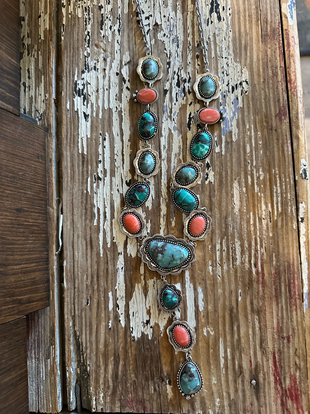 Turquoise & Coral Statement Necklace in Silver-Tone Setting - Women Jewelry